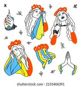 Ukrainian girl set concept. A girl in a wreath on her head with red flowers hugs the flag of Ukraine. The concept of "stay with Ukraine". Support for Ukraine. A cry for help. There is no war. Ukraine