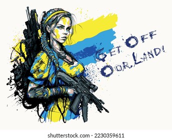 Ukrainian girl soldier defender. Stop the war in Ukraine concept, defense of Ukraine. Vector illustration.