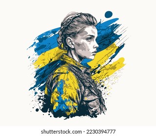 Ukrainian girl soldier defender. Stop the war in Ukraine concept, defense of Ukraine. Vector illustration.