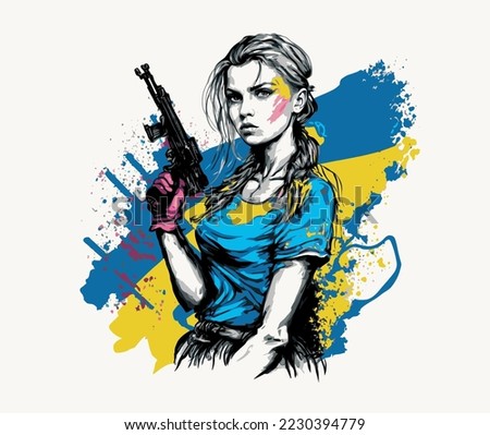 Ukrainian girl soldier defender. Stop the war in Ukraine concept, defense of Ukraine. Vector illustration.