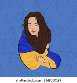 Ukrainian girl. Stop War in Ukraine. Pray for Ukraine peace. Vector illustration.