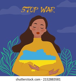 Ukrainian girl. Stop War in Ukraine. Pray for Ukraine peace. Vector illustration.