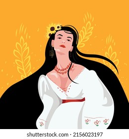 Ukrainian girl with sunflowers in her hair, dressed in a national Ukrainian costume