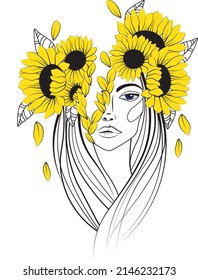 Ukrainian girl with sunflowers. Vector line art