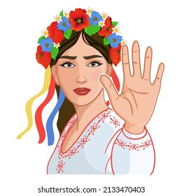 Ukrainian girl in traditional clothes makes stop gesture with hand, conceptual vector illustration, stop war, eps10