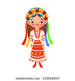 Ukrainian girl in traditional folk dress with ribbons and flowers. Vector illustration in flat cartoon style.