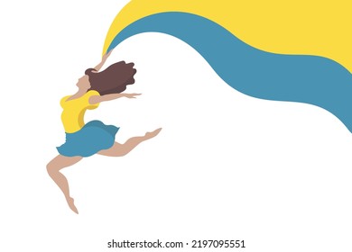 Ukrainian girl with yellow and blue flag of Ukraine isolated on white background. Editable vector illustration EPS 10