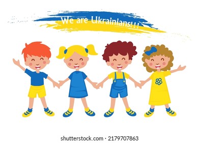 Ukrainian girls and boys in the colors of the flag of Ukraine. Children characters holding hands, support and peace in Ukraine.