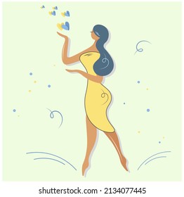Ukrainian graceful woman holding hearts. Flat silhouette of a cute girl giving love. Isolated vector character on green background. Cute fabulous image for your stylish design.
