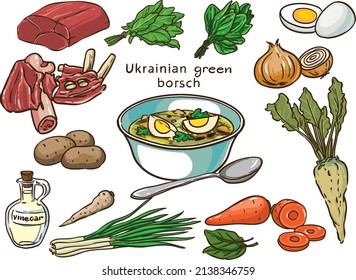 Ukrainian green borscht vector set of ingredients