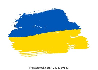 Ukrainian grunge texture flag, stylized brush stroke, isolated white background. Blue, yellow paint color brushstroke. Drawing national symbol Ukraine country. Patriotic design. Vector illustration