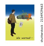 A Ukrainian guy with a poster for peace stands in front of a tank that is on fire.