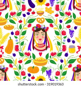 Ukrainian harvest fair background. Native seamless pattern with vegetables, flowers, honey and bakery.