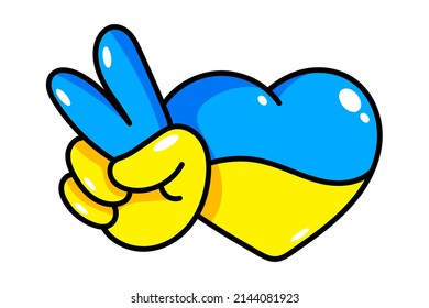 Ukrainian heart with hand gesture V sign for victory or peace. Hand drawing Ukraine icon, sticker or print illustration isolated on white background. Vector EPS 10.