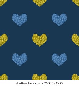 Ukrainian hearts seamless pattern, dark background,  blue and yellow