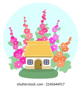 Casa ucraniana y jardín de flores de malva. Construcción antigua. Símbolo tradicional de Ucrania. Ilustración del vector