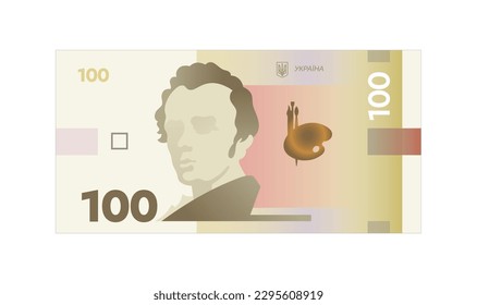 Ukrainian hryvnia vector illustration. Ukrainian 100 banknote isolated on a white background. Currency, paper money of Ukraine. Taras Shevchenko