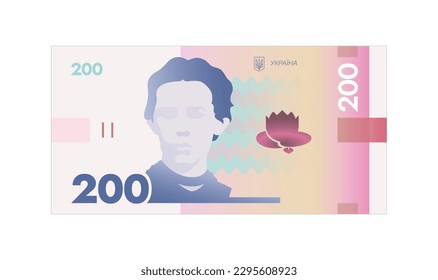 Ukrainian hryvnia vector illustration. Ukrainian 200 UAH banknote isolated on a white background. Currency, paper money of Ukraine. Lesya Ukrainka