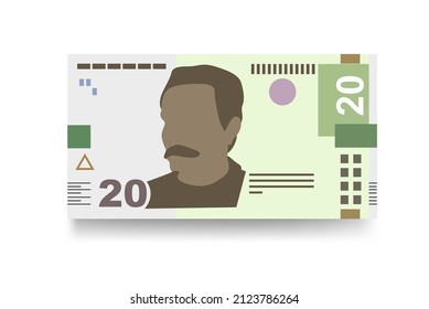 Ukrainian Hryvnia Vector Illustration. Ukraine money set bundle banknotes. Paper money 20 UAH. Flat style. Isolated on white background. Simple minimal design.