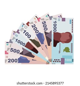 Ukrainian Hryvnia Vector Illustration. Ukraine money set bundle banknotes. Paper money 100, 200, 500, 1000 UAH. Flat style. Isolated on white background. Simple minimal design.