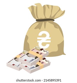 Ukrainian Hryvnia Vector Illustration. Ukraine money set bundle banknotes. Money bag 100 UAH. Flat style. Isolated on white background. Simple minimal design.