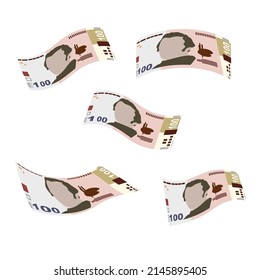 Ukrainian Hryvnia Vector Illustration. Ukraine money set bundle banknotes. Falling, flying money 100 UAH. Flat style. Isolated on white background. Simple minimal design.