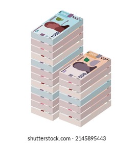 Ukrainian Hryvnia Vector Illustration. Ukraine money set bundle banknotes. Paper money 100, 200, 500, 1000 UAH. Flat style. Isolated on white background. Simple minimal design.