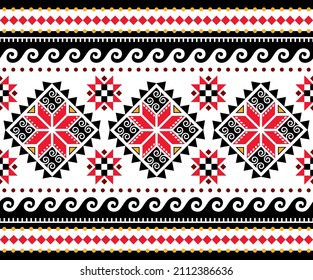 Ukrainian Hutsul Pisanky vector seamless pattern long horizontal, folk art geometric Easter eggs repetitive design. Traditional detailed ornament from Ukraine, ethnic background with abstract shapes 