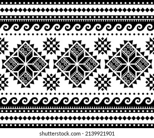 Hutsul Pisanky ucraniano vector sin fisuras largo horizontal, arte folclórico geométrico huevo de Pascua diseño repetitivo en blanco y negro. Ornamento detallado tradicional de Ucrania, decoración monocroma