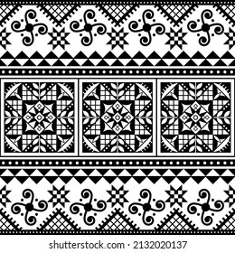 Patrón de arte folclórico sin fisuras del vector Hutsul Pysanky ucraniano (huevos de Pascua) - diseño repetitivo en blanco y negro. Decoración de artesanías geométricas tradicionales de Hutsulshchyna en Ucrania, tapicería retro