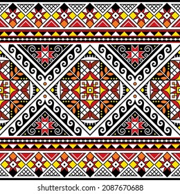 Ukrainian Hutsul Pysanky vector seamless pattern - traditional Easter eggs repetitive design styled as the folk art backgrounds from Ukraine. Repetitve decor with geometris shapes, stars, and leaves