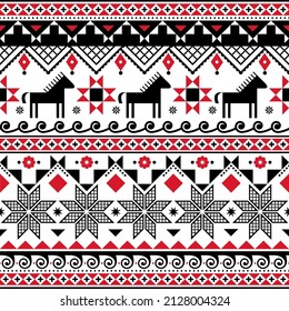 Ukrainian Hutsul Pysanky vector seamless pattern with horses and stars, folk art Easter eggs repetitive design. Traditional geometric ornamental design from Hutsulshchyna in Ukraine.