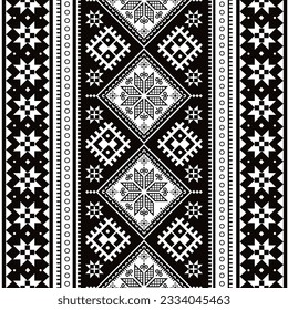 Ukrainian Hutsul Pysanky vector seamless pattern stars and geometric vertical shapes, folk art Easter eggs repetitive design in black and white. Traditional design from Hutsulshchyna in Ukraine