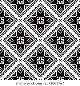 Ukrainian Hutsul Pysanky vector seamless pattern stars and geometric shapes, folk art Easter eggs repetitive design in black and white. Traditional monochrome ornamental design from Hutsulshchyna 