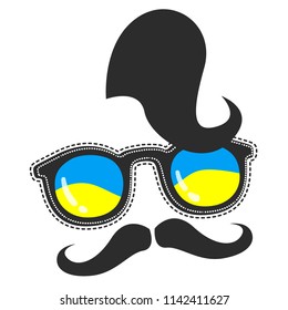 Ukrainian kozak silhouette face. Forelock, mustache, sunglasses with bow and yellow Ukrainian flag inside shape. modern fancy character Ukrainian man. t shirt design for national independent day. 