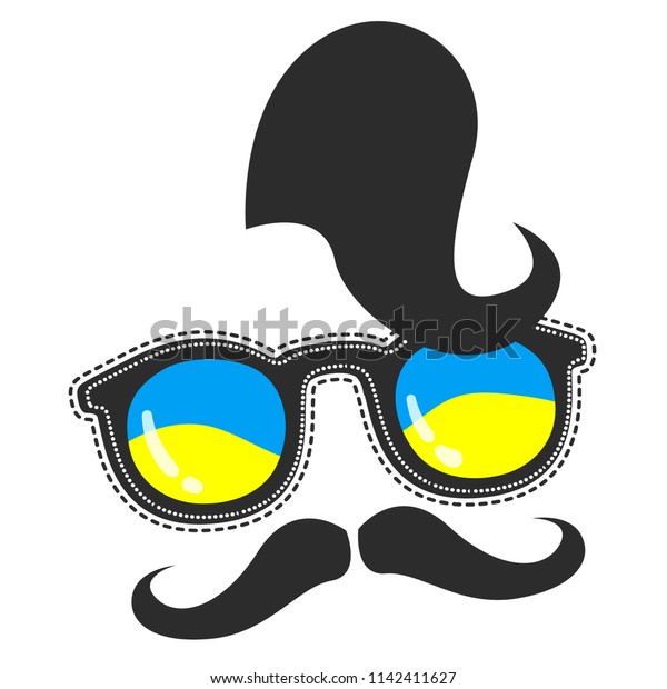 Ukrainian kozak silhouette face. Forelock, mustache,\
sunglasses with bow and yellow Ukrainian flag inside shape. modern\
fancy character Ukrainian man. t shirt design for national\
independent day. 