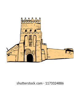Ukrainian landmark castle. Hand drawing digital illustration