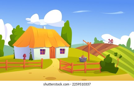 Ukrainian Landscape. Mazanka Old Hut in the Village. Retro House. Folk Rural Architecture. Сrane Well. Vector Cartoon Illustration.