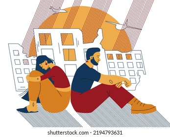 Ukrainian man and woman sitting near destroyed buildings. War vector illustration. 