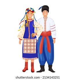 Ukrainian man and woman in traditional clothes. Happy couple in national costumes. Independent Ukraine concept. Editable vector illustration in cartoon style isolated on a white background.