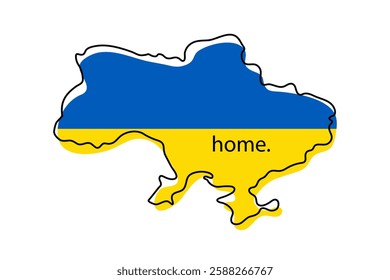 Ukrainian map in colors of national flag with black contour and lettering home inside isolated on white background.