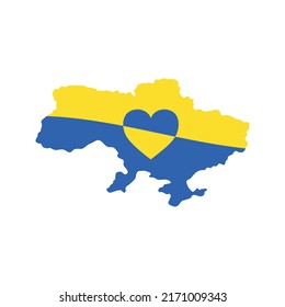 Ukrainian map flag in blue yellow colors with hearts on it. Support Ukraine, patriotic love concept. Russian Ukrainian military conflict symbol sign. Stop war and pray for Ukraine, geopolitics theme.