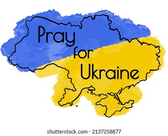 Ukrainische Karte mit Flagge und Schild Beten für die Ukraine. Vektorgrafik