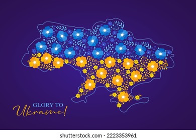 Ukrainian map with the lettering Glory to Ukraine! Concept of support Ukraine. Vector illustration