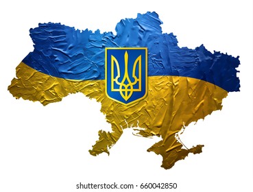 Ukrainian Map with Painted Flag Texture and Blazon