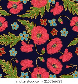 Ukrainian meadow flower poppy embroidery seamless pattern. Vector ethnic illustration