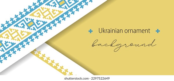 Ukrainian minimalistic vector flyer, banner, background, poster with paper layers and shadows . Ukrainian blue and yellow flyer with cross stitch ornament.