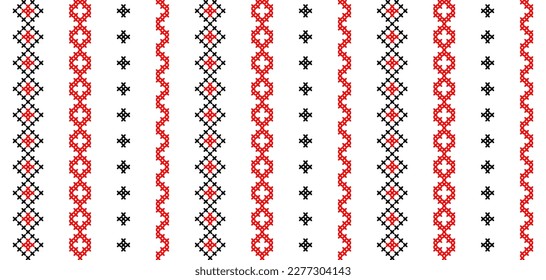 Ukrainian modern striped pattern. Vector seamless pattern for textile, fabric, cloth. Modern ukrainian folk, ethnic ornament in red and black. Pixel art, vyshyvanka, cross stitch.