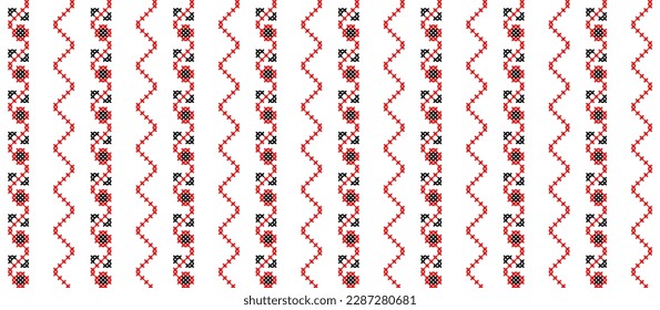 Ukrainian modern striped pattern. Vector seamless pattern for textile, fabric, cloth. Modern ukrainian folk, ethnic ornament in red and black. Pixel art, vyshyvanka, cross stitch.