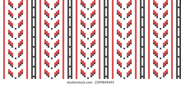 Ukrainian modern striped pattern. Vector seamless pattern for textile, fabric, cloth. Modern ukrainian folk, ethnic ornament in red and black. Pixel art, vyshyvanka, cross stitch.